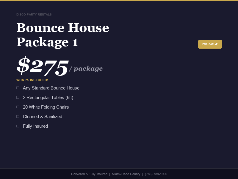 Bounce house party package with tables and chairs in Miami