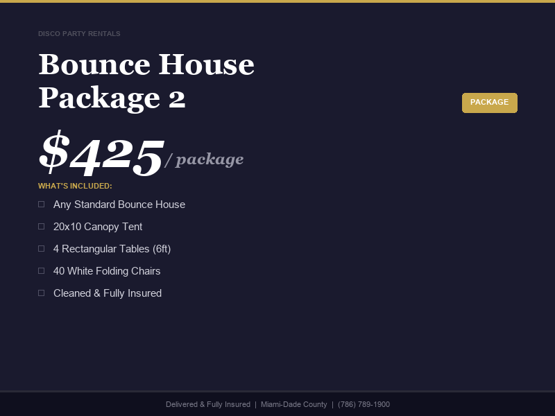 Bounce house party package with tent tables and chairs in Miami