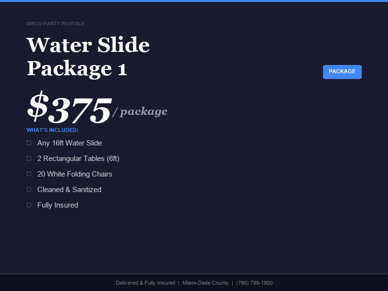Water slide party package with tables and chairs in Miami