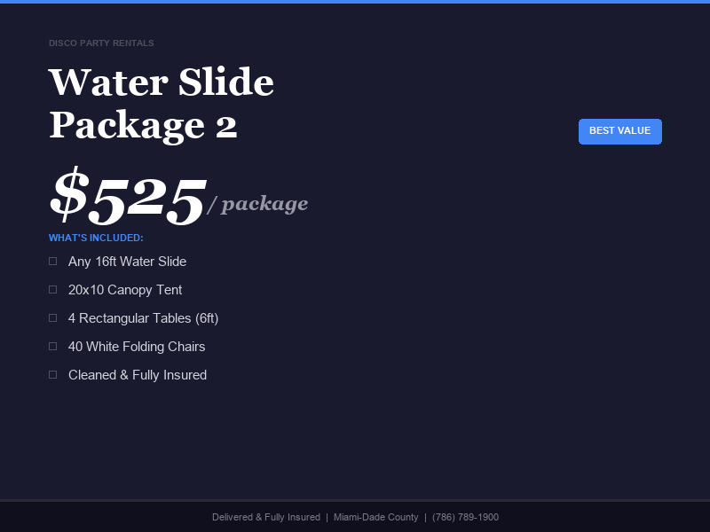 Water slide party package with tent tables and chairs in Miami
